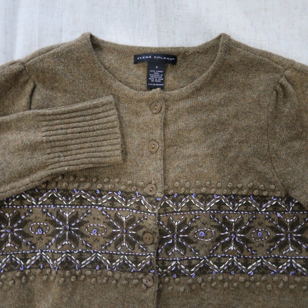 ELENA SOLANO Women's Cardigan 100% LAMBS WOOL Button Down Size S Green Fair Isle
